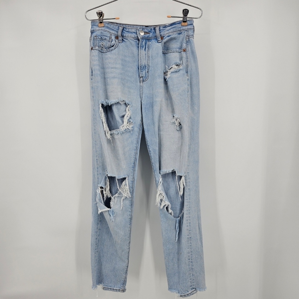 American Eagle Mom Jean Destroyed High Rise 100% Cotton Light Wash 2